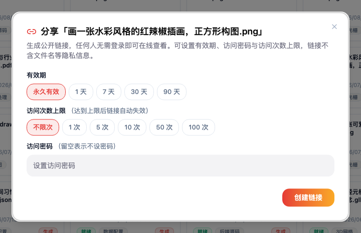分享弹窗：说明「生成公开链接，任何人无需登录即可在线查看……链接不含文件名等隐私信息」；有效期可选永久有效 / 1 天 / 7 天 / 30 天 / 90 天，访问次数上限可选不限次 / 1 / 5 / 10 / 50 / 100 次，访问密码留空表示不设密码；底部「创建链接」按钮