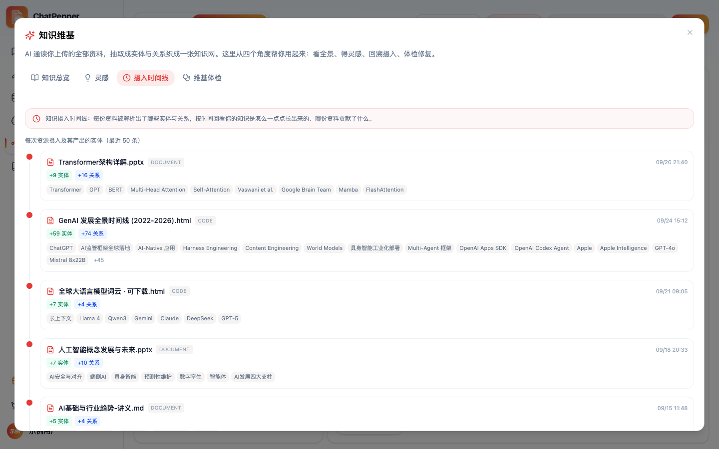「知识维基」弹窗的「摄入时间线」页签：每份资料一张卡片，显示文件名、类型标签、+N 实体 / +N 关系徽标、时间，以及抽出的实体名标签（如 Transformer、Self-Attention、ChatGPT）