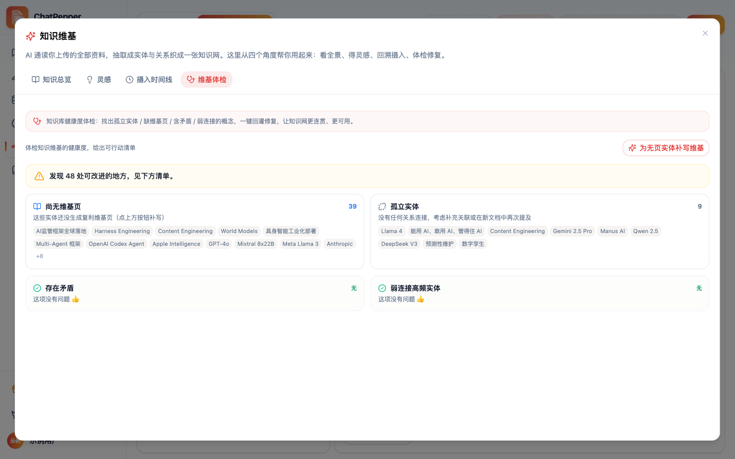 「维基体检」页签：右上角「为无页实体补写维基」按钮，黄色横幅「发现 48 处可改进的地方」，下方四张卡片——尚无维基页 39、孤立实体 9、存在矛盾（无）、弱连接高频实体（无），各列出实体名标签