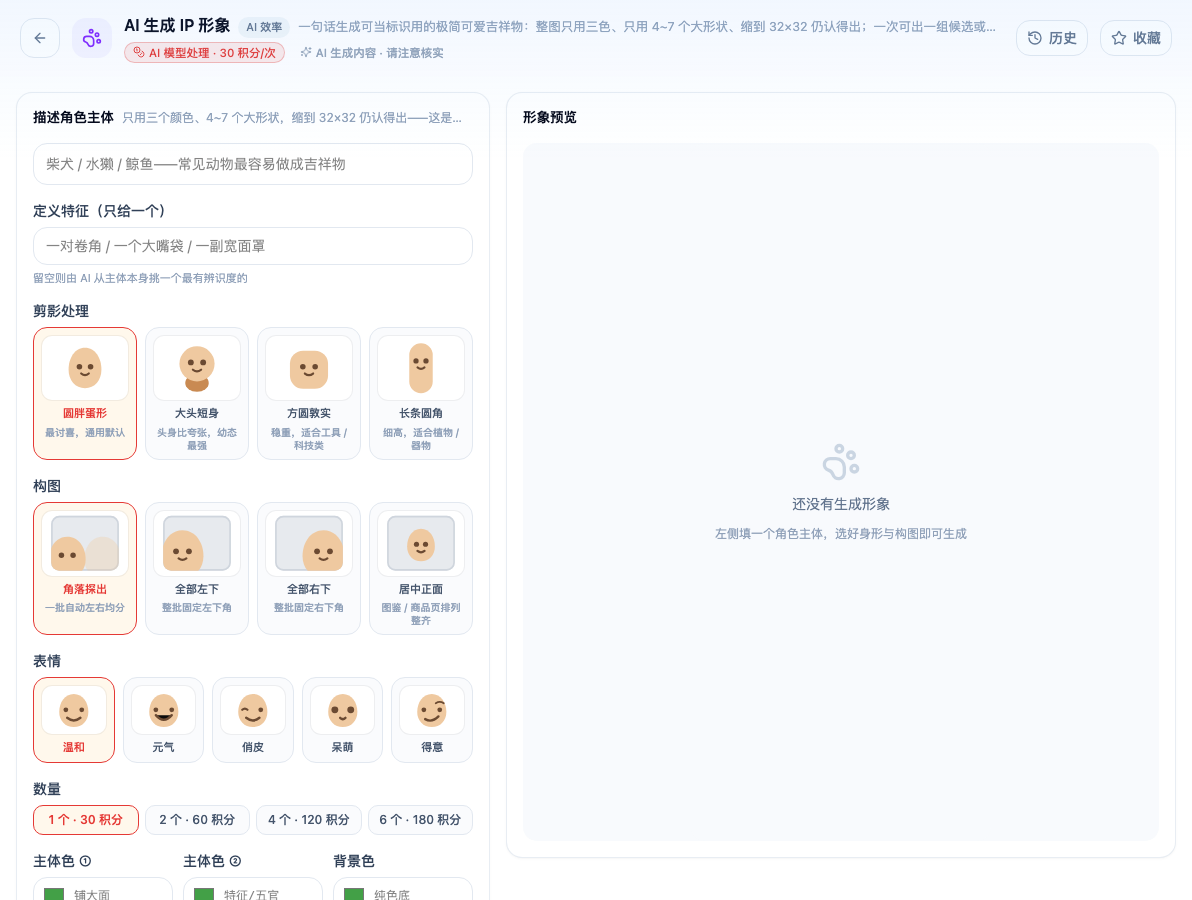 「AI 生成 IP 形象」工具页初始界面：描述角色主体 / 定义特征（只给一个） / 剪影处理 / 圆胖蛋形 / 构图 / 角落探出 / 表情 / 温和 / 数量；页头标签「AI 模型处理 · 30 积分/次」