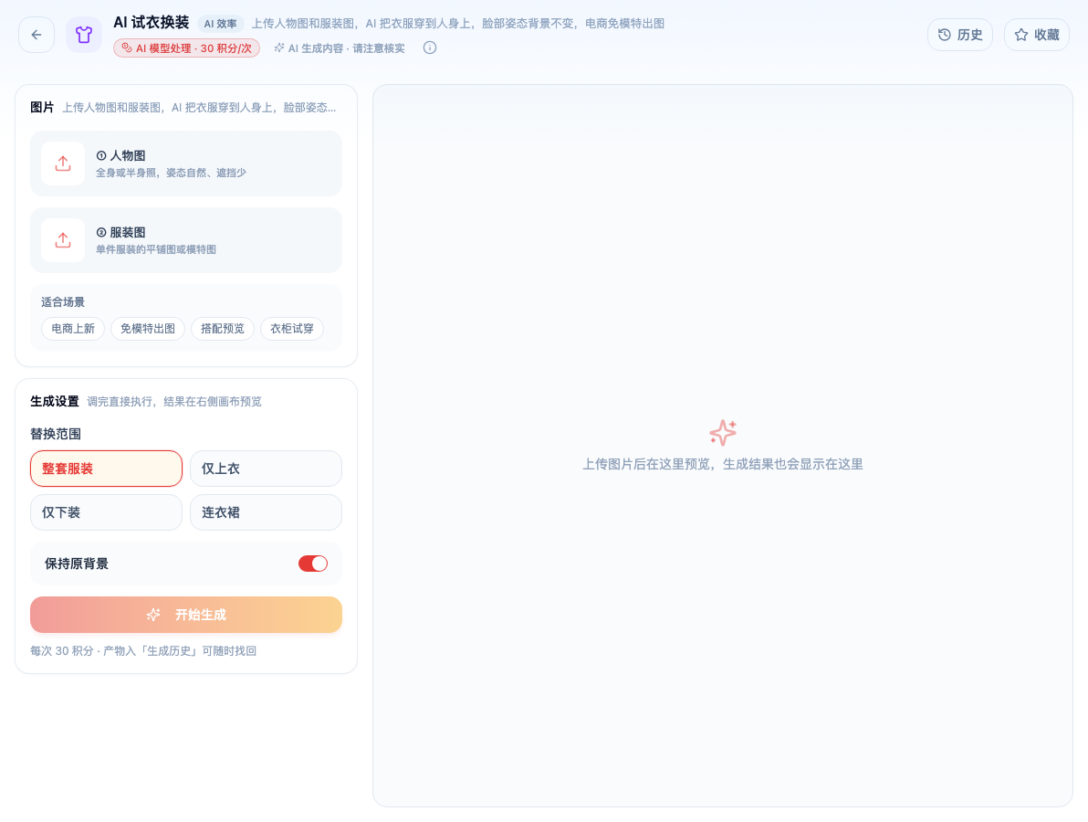 「AI 试衣换装」工具页初始界面：图片 / ① 人物图 / ② 服装图 单件服装的平铺图或模特图 / ② 服装图 / 适合场景 / 生成设置 / 替换范围 / 整套服装 / 保持原背景；主按钮「开始生成」；页头标签「AI 模型处理 · 30 积分/次」
