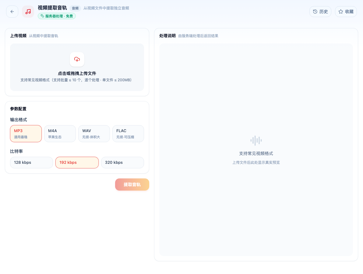 「视频提取音轨」工具页初始界面：上传视频 / 参数配置 / 输出格式 / MP3 / M4A / WAV / FLAC / 比特率 / 128 kbps；主按钮「提取音轨」；页头标签「服务器处理 · 免费」