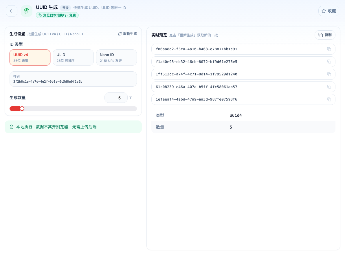 「UUID 生成」工具页初始界面：生成设置 / ID 类型 / UUID v4 / ULID / Nano ID / 生成数量 / 实时预览 / 类型 / 数量；页头标签「浏览器本地执行 · 免费」