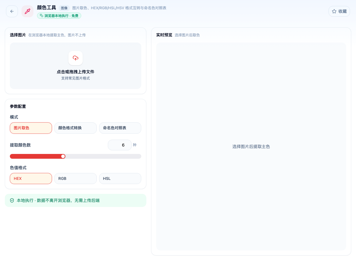 「颜色工具」工具页初始界面：选择图片 / 参数配置 / 模式 / 图片取色 / 颜色格式转换 / 命名色对照表 / 提取颜色数 / 色值格式 / HEX；页头标签「浏览器本地执行 · 免费」