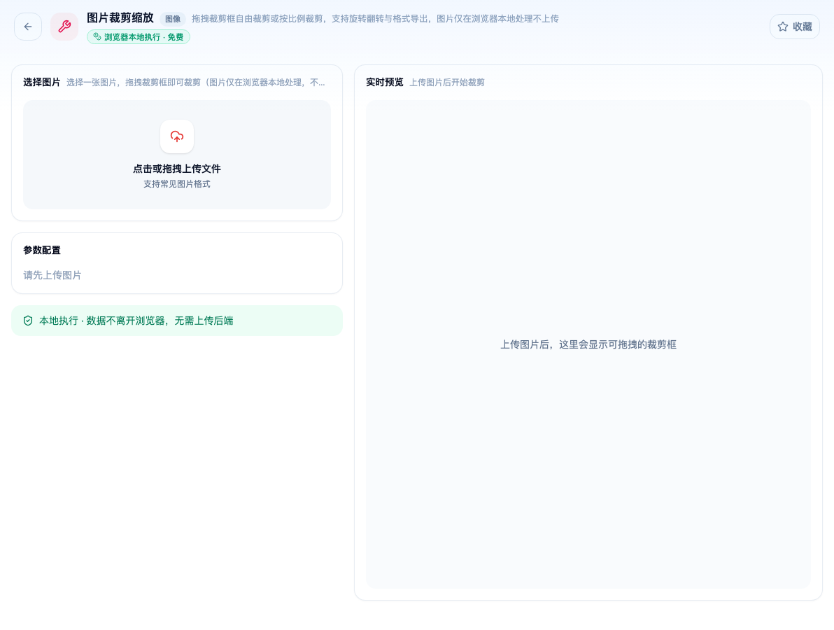 「图片裁剪缩放」工具页初始界面：选择图片 / 参数配置 / 实时预览；页头标签「浏览器本地执行 · 免费」