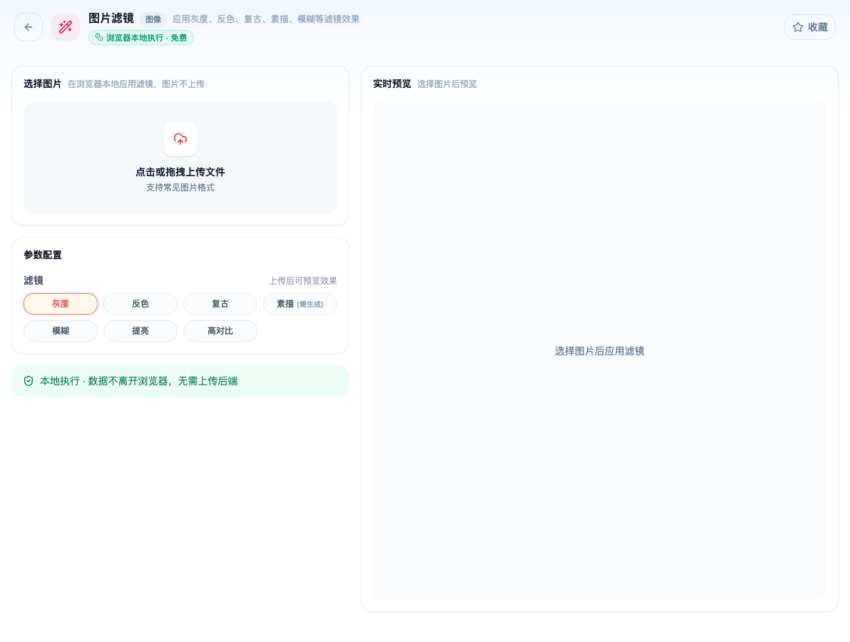 「图片滤镜」工具页初始界面：选择图片 / 参数配置 / 滤镜 / 灰度 / 实时预览；页头标签「浏览器本地执行 · 免费」