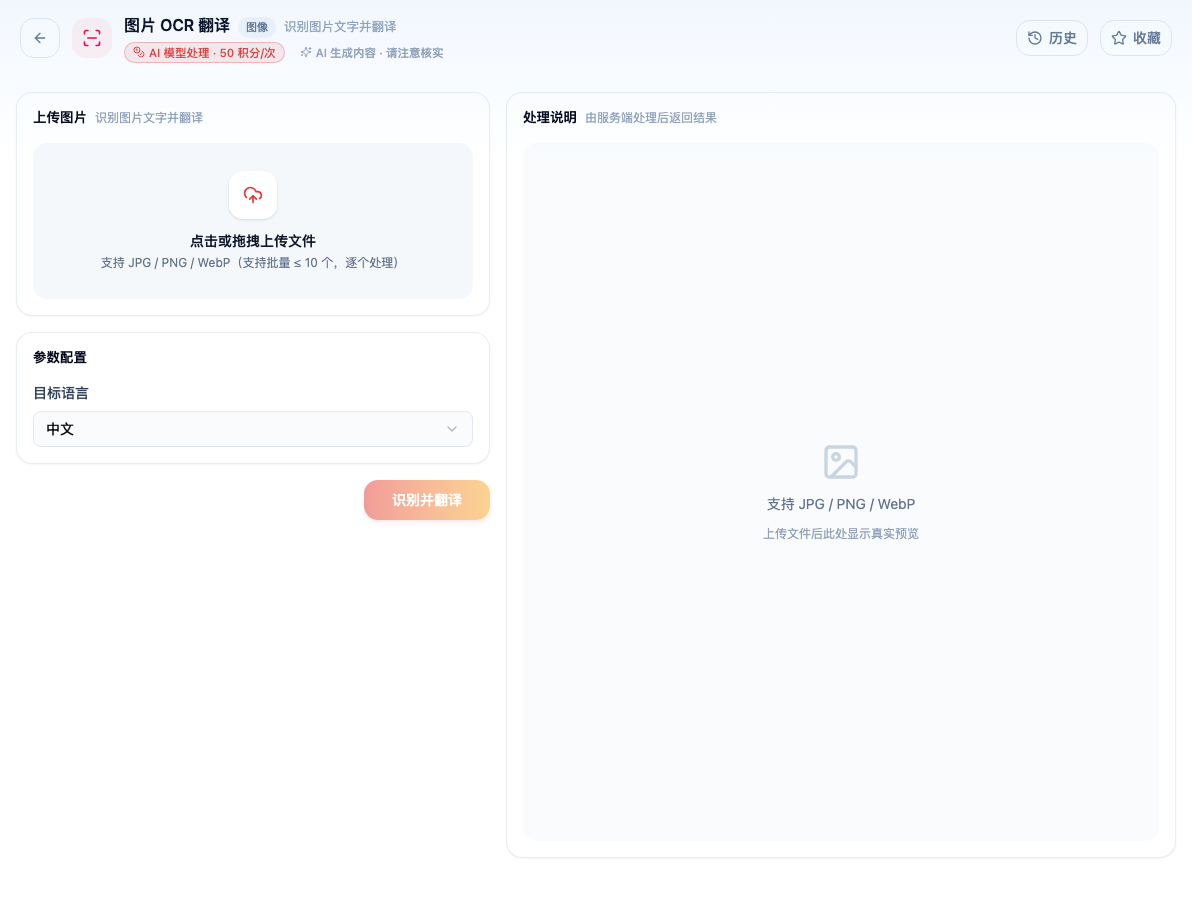「图片 OCR 翻译」工具页初始界面：上传图片 / 参数配置 / 目标语言 / 识别并翻译 / 处理说明；主按钮「识别并翻译」；页头标签「AI 模型处理 · 50 积分/次」