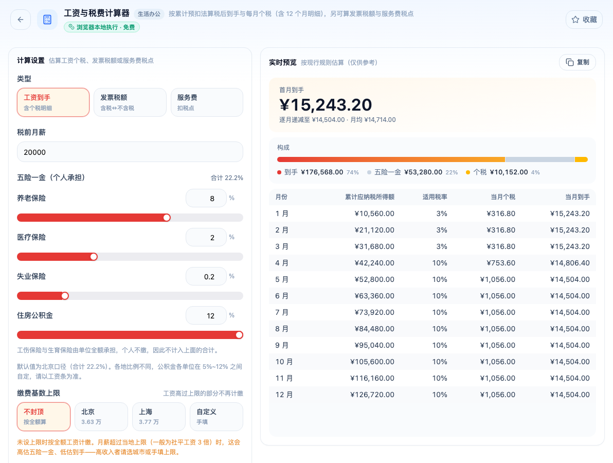 「工资与税费计算器」工具页填入示例输入后的界面：计算设置 / 类型 / 工资到手 / 发票税额 / 服务费 / 税前月薪 / 五险一金（个人承担） / 养老保险 / 医疗保险；页头标签「浏览器本地执行 · 免费」