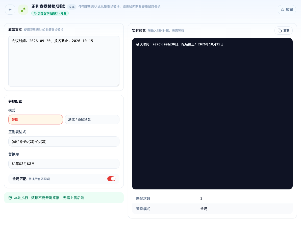 「正则查找替换/测试」工具页填入示例输入后的界面:原始文本 / 参数配置 / 模式 / 替换 / 测试 / 匹配预览 / 正则表达式 / 替换为 / 全局匹配 / 实时预览;页头标签「浏览器本地执行 · 免费」
